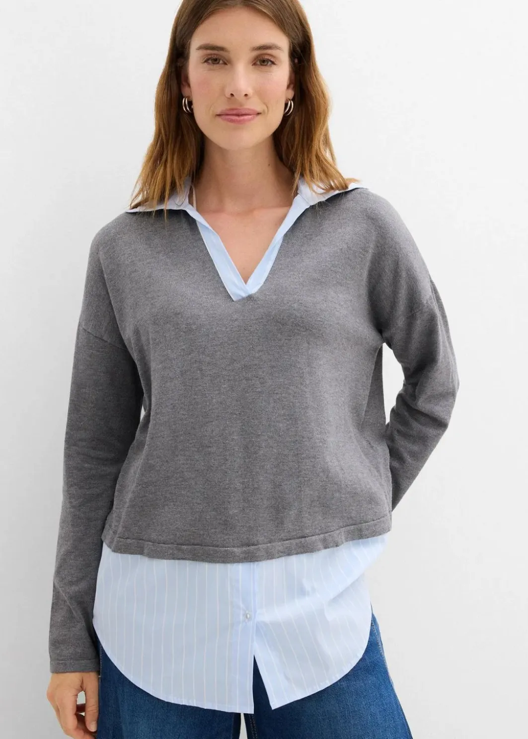 Damen bonprix Strickmode|Nachhaltigere Materialien|Feinstrickpullover mit Bluseneinsatz