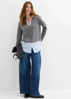 Damen bonprix Strickmode|Nachhaltigere Materialien|Feinstrickpullover mit Bluseneinsatz