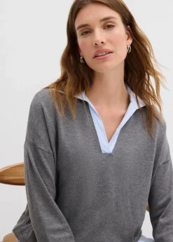 Damen bonprix Strickmode|Nachhaltigere Materialien|Feinstrickpullover mit Bluseneinsatz