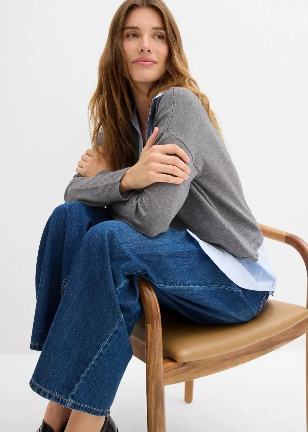 Damen bonprix Strickmode|Nachhaltigere Materialien|Feinstrickpullover mit Bluseneinsatz