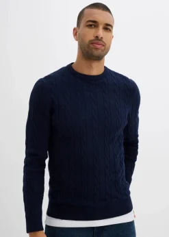 Herren bonprix Pullover & Strickjacken|Große Größen|Feinstrickpullover mit Zopfmuster aus weichem Baumwollmix , Slim Fit