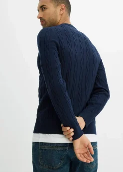 Herren bonprix Pullover & Strickjacken|Große Größen|Feinstrickpullover mit Zopfmuster aus weichem Baumwollmix , Slim Fit