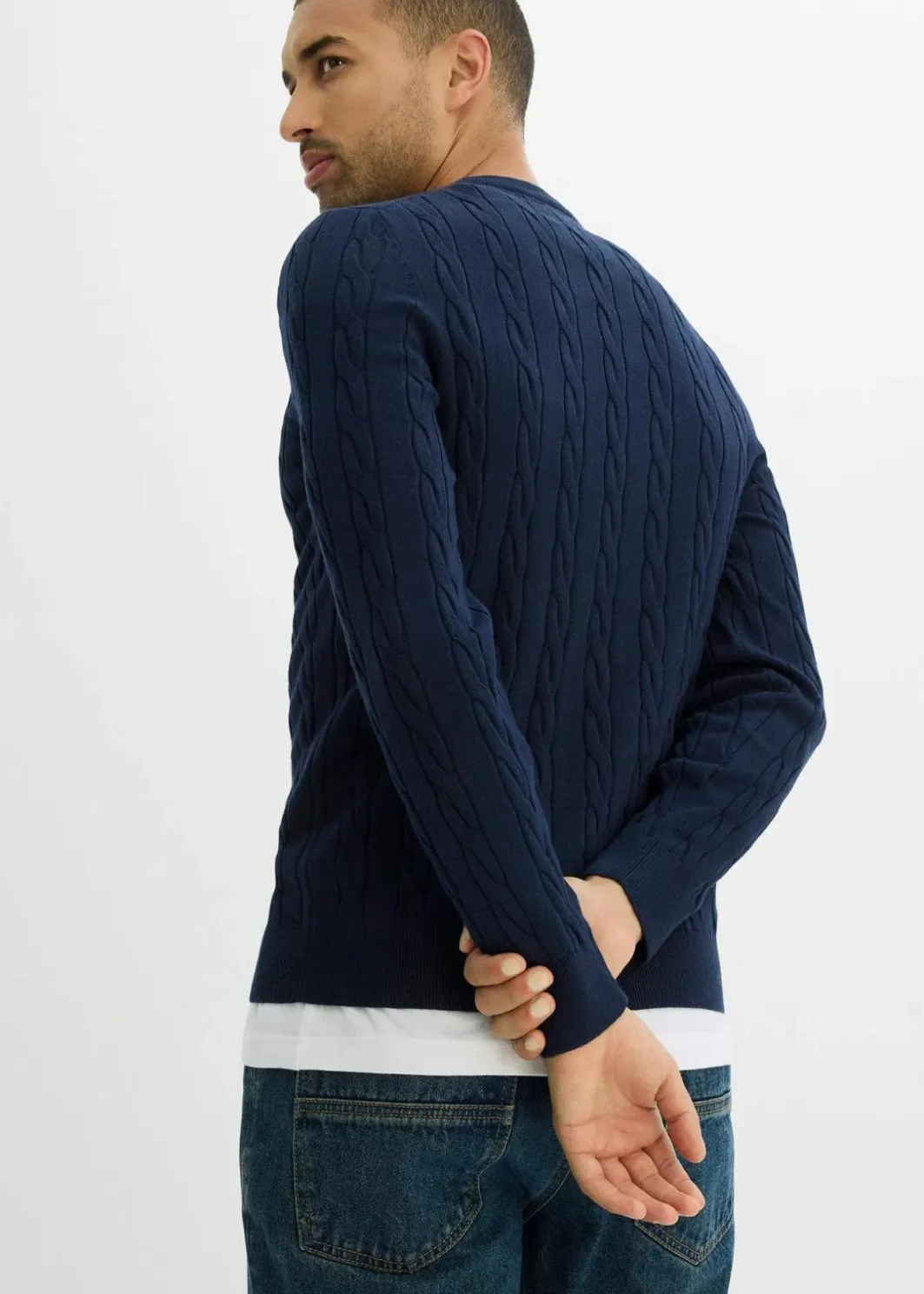Herren bonprix Pullover & Strickjacken|Große Größen|Feinstrickpullover mit Zopfmuster aus weichem Baumwollmix , Slim Fit