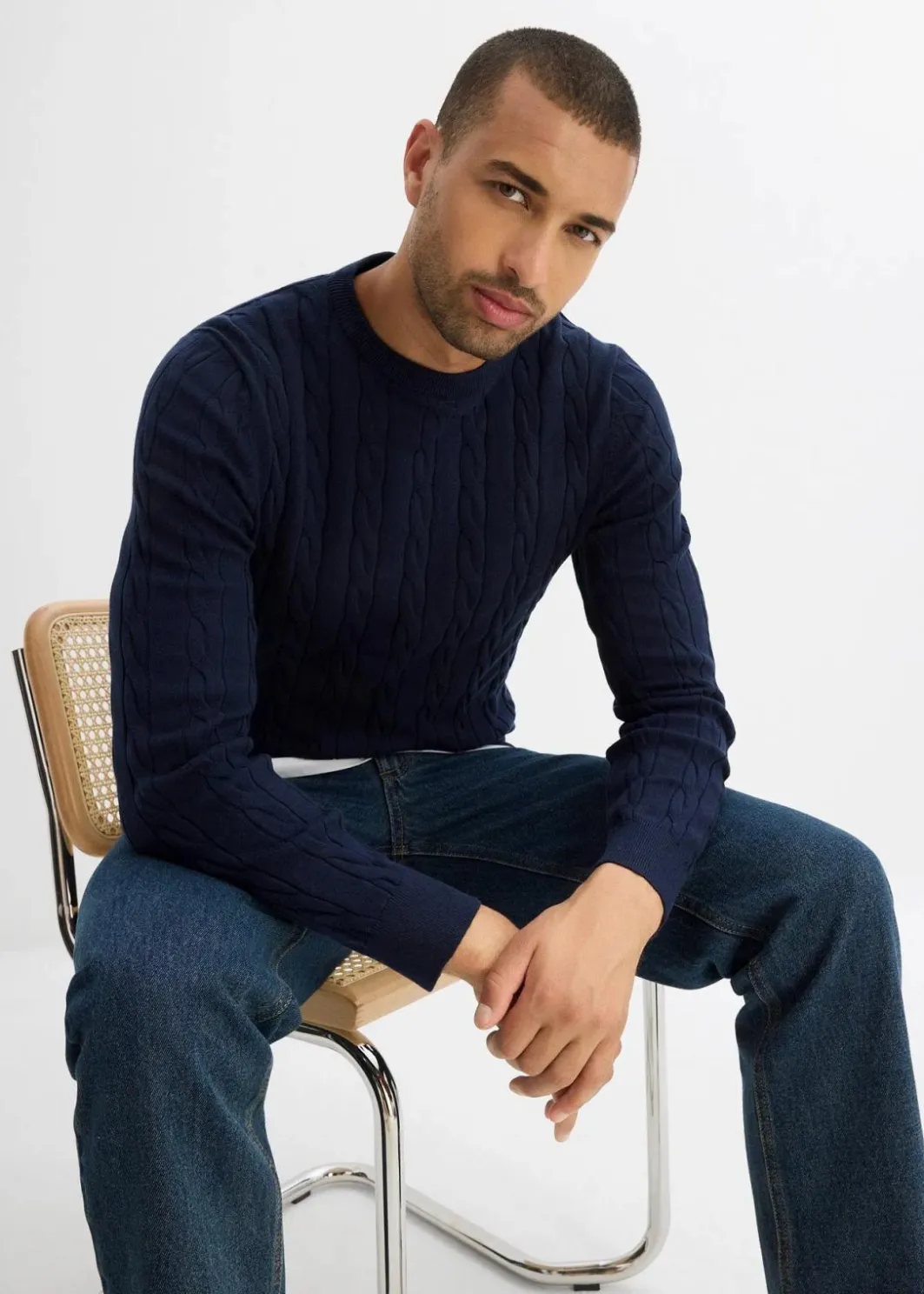 Herren bonprix Pullover & Strickjacken|Große Größen|Feinstrickpullover mit Zopfmuster aus weichem Baumwollmix , Slim Fit