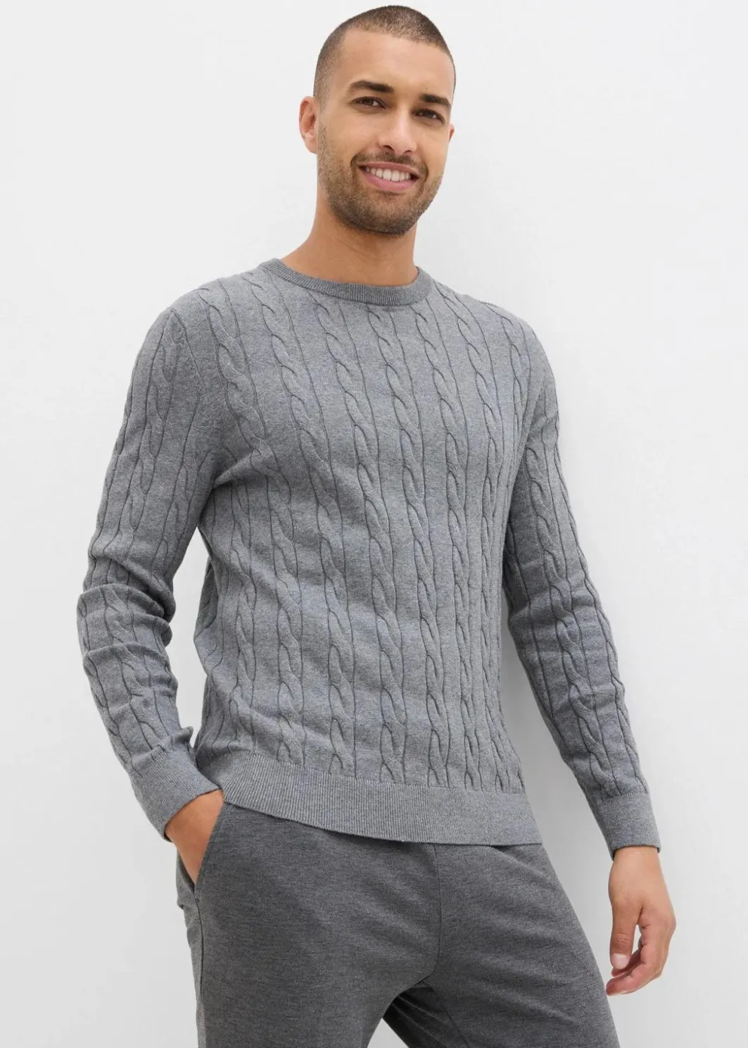 Herren bonprix Große Größen|Pullover & Strickjacken|Feinstrickpullover mit Zopfmuster aus weichem Baumwollmix , Slim Fit