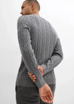 Herren bonprix Große Größen|Pullover & Strickjacken|Feinstrickpullover mit Zopfmuster aus weichem Baumwollmix , Slim Fit
