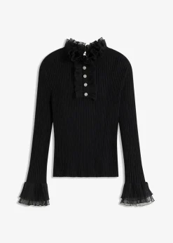 Feinstrick-Shirt mit Chiffon-Volants Damen Nachhaltigere Materialien|Shirts & Tops