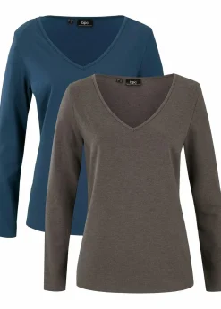 Damen bonprix Shirts & Tops|Basics|Figurbetontes Langarmshirt (2er Pack)