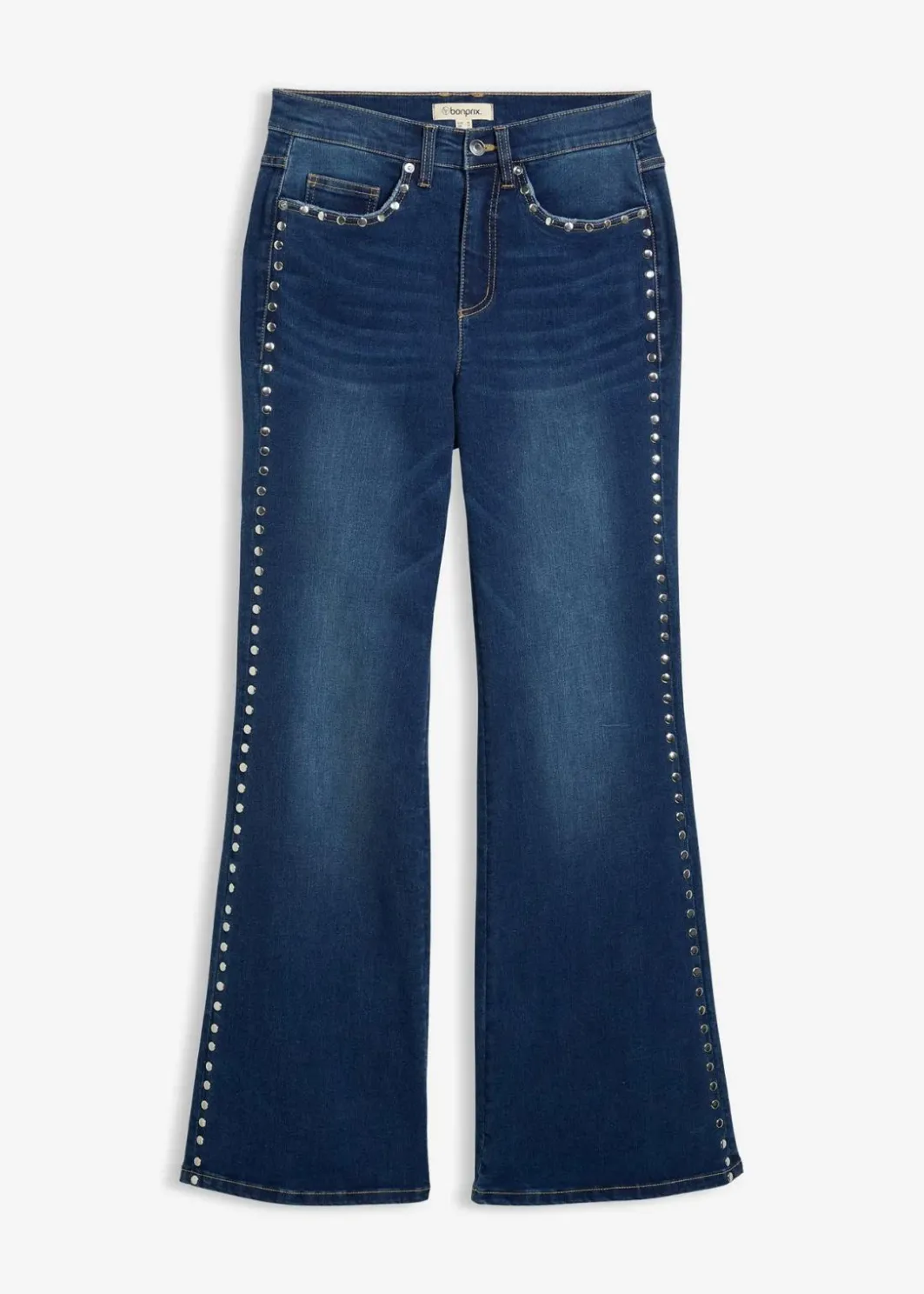 Damen bonprix Kurzgrößen|Bekleidung·Shirts & Tops|Flared-Jeans High Waist mit Nietenbesatz