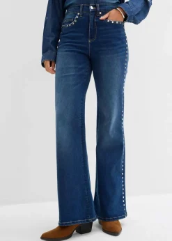 Damen bonprix Kurzgrößen|Bekleidung·Shirts & Tops|Flared-Jeans High Waist mit Nietenbesatz