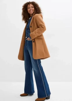 Damen bonprix Kurzgrößen|Bekleidung·Shirts & Tops|Flared-Jeans High Waist mit Nietenbesatz