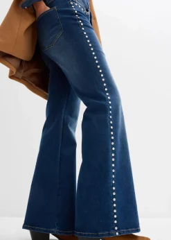 Damen bonprix Kurzgrößen|Bekleidung·Shirts & Tops|Flared-Jeans High Waist mit Nietenbesatz