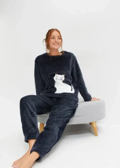 Damen bonprix Wäsche·Homewear|Wäsche·Nachtwäsche|Fleece Loungewear Hausanzug mit Strukturmuster und Applikation