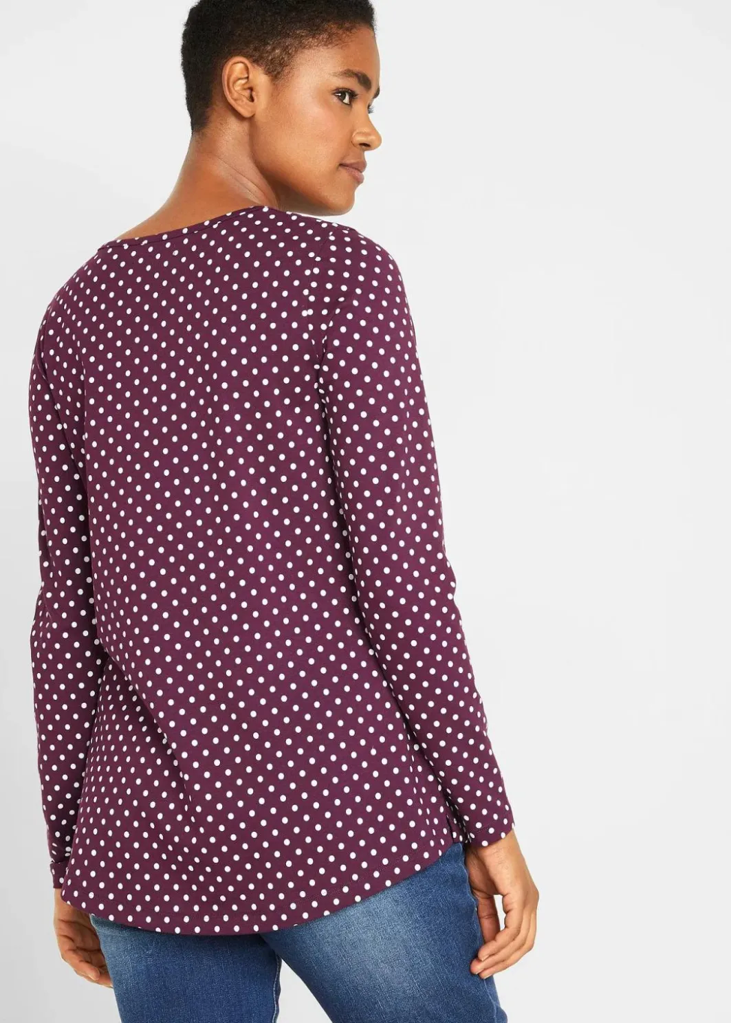 Online Gepunktetes Baumwoll-Langarmshirt mit Seitenschlitzen Damen Shirts & Tops