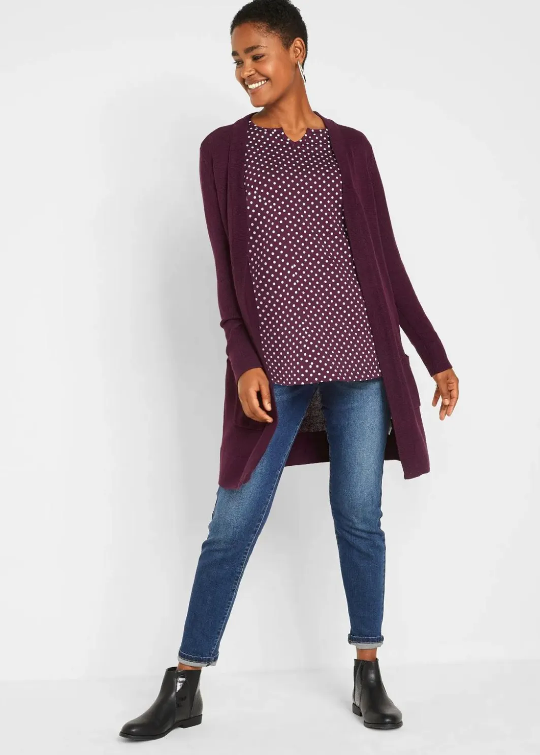 Online Gepunktetes Baumwoll-Langarmshirt mit Seitenschlitzen Damen Shirts & Tops