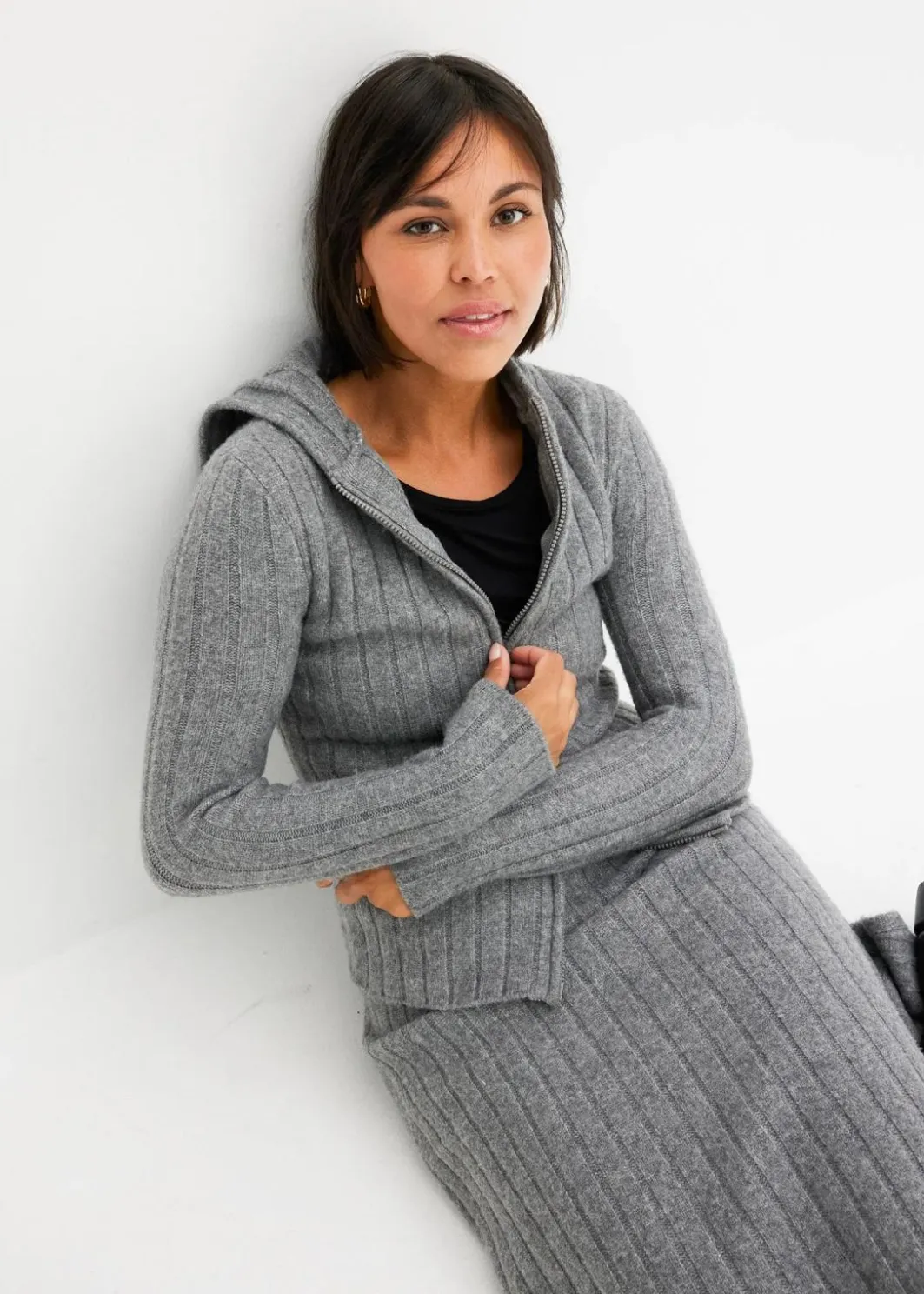 Discount Gerippte Strickjacke mit Kapuze Damen Strickmode|Pullover & Strickjacken