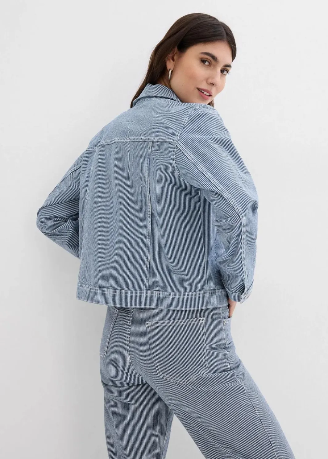 Damen bonprix Jacken & Mäntel|gestreifte Jeansjacke, verkürzt