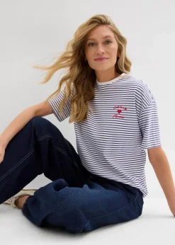 Damen bonprix Nachhaltigere Materialien|Shirts & Tops|Gestreiftes T-Shirt mit Stickerei