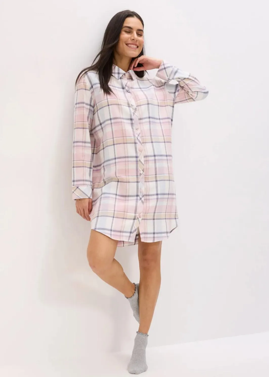 Damen bonprix Wäsche·Nachtwäsche|Nachtwäsche|Gewebtes Nachthemd aus Flanell mit Knopfleiste
