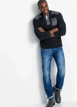 Herren bonprix Große Größen|Pullover & Strickjacken|Grobstrick Troyer Pullover mit Web-Besatz