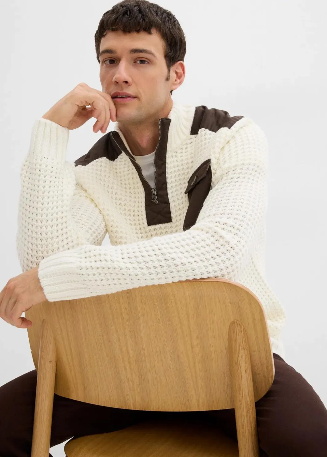 Herren bonprix Pullover & Strickjacken|Große Größen|Grobstrick Troyer Pullover mit Web-Besatz