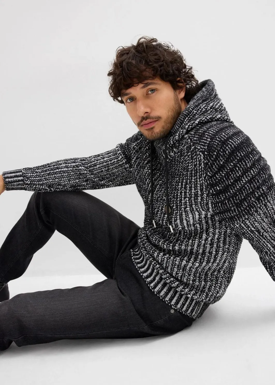 Outlet Grobstrick-Kapuzenpullover mit Bikerdetails Herren Große Größen|Pullover & Strickjacken