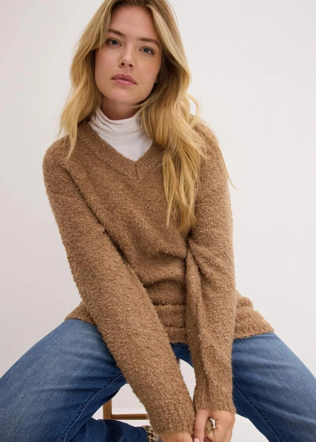 Damen bonprix Pullover & Strickjacken|Bekleidung·Jeans|Grobstrick-Pullover mit V-Ausschnitt