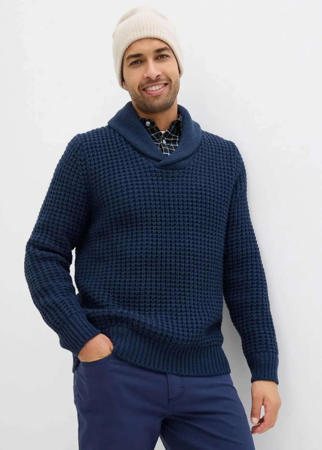 Herren bonprix Große Größen|Pullover & Strickjacken|Grobstrick-Schallkragenpullover mit Waffelstruktur