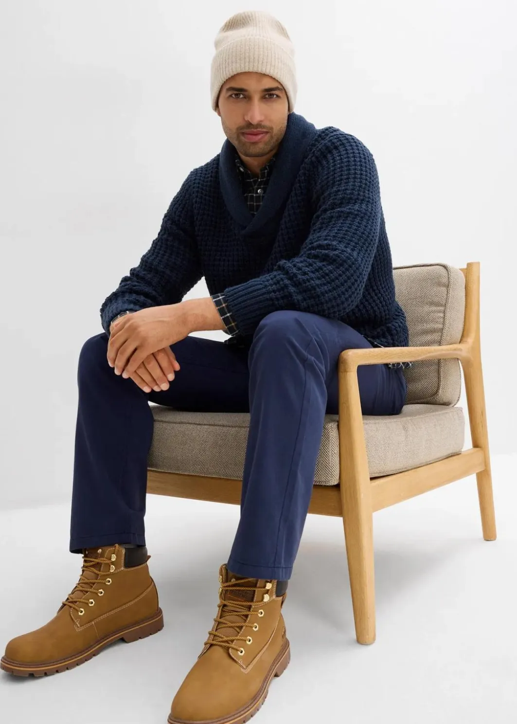 Herren bonprix Große Größen|Pullover & Strickjacken|Grobstrick-Schallkragenpullover mit Waffelstruktur