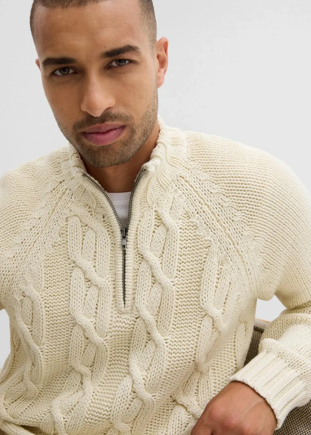 Herren bonprix Große Größen|Pullover & Strickjacken|Grobstrick-Troyer mit Zopfmuster aus weichem Baumwollmix