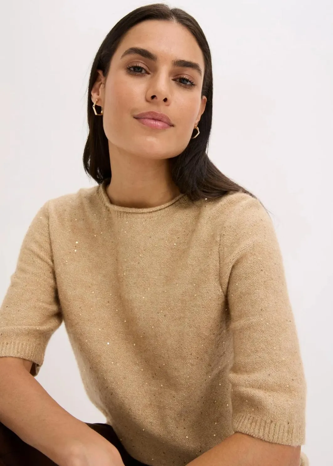 Hot Halbarmpullover mit Pailletten und Glanzgarn Damen Strickmode|Pullover & Strickjacken