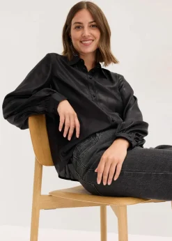 Online Hemdbluse aus glänzendem Satin Damen Bekleidung·Jacken & Mäntel|Blusen & Tuniken