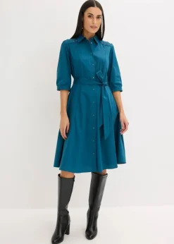 Damen bonprix Kurzgrößen|Bekleidung·Pullover & Strickjacken|Hemdblusenkleid mit Spitze und Bindeband