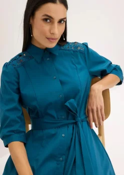 Damen bonprix Kurzgrößen|Bekleidung·Pullover & Strickjacken|Hemdblusenkleid mit Spitze und Bindeband