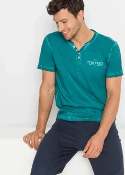 Herren bonprix Shirts & Polos|Große Größen|Henleyshirt, Kurzarm in gewaschener Optik aus reiner Bio-Baumwolle