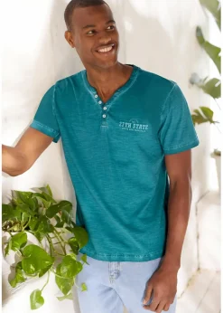 Herren bonprix Shirts & Polos|Große Größen|Henleyshirt, Kurzarm in gewaschener Optik aus reiner Bio-Baumwolle