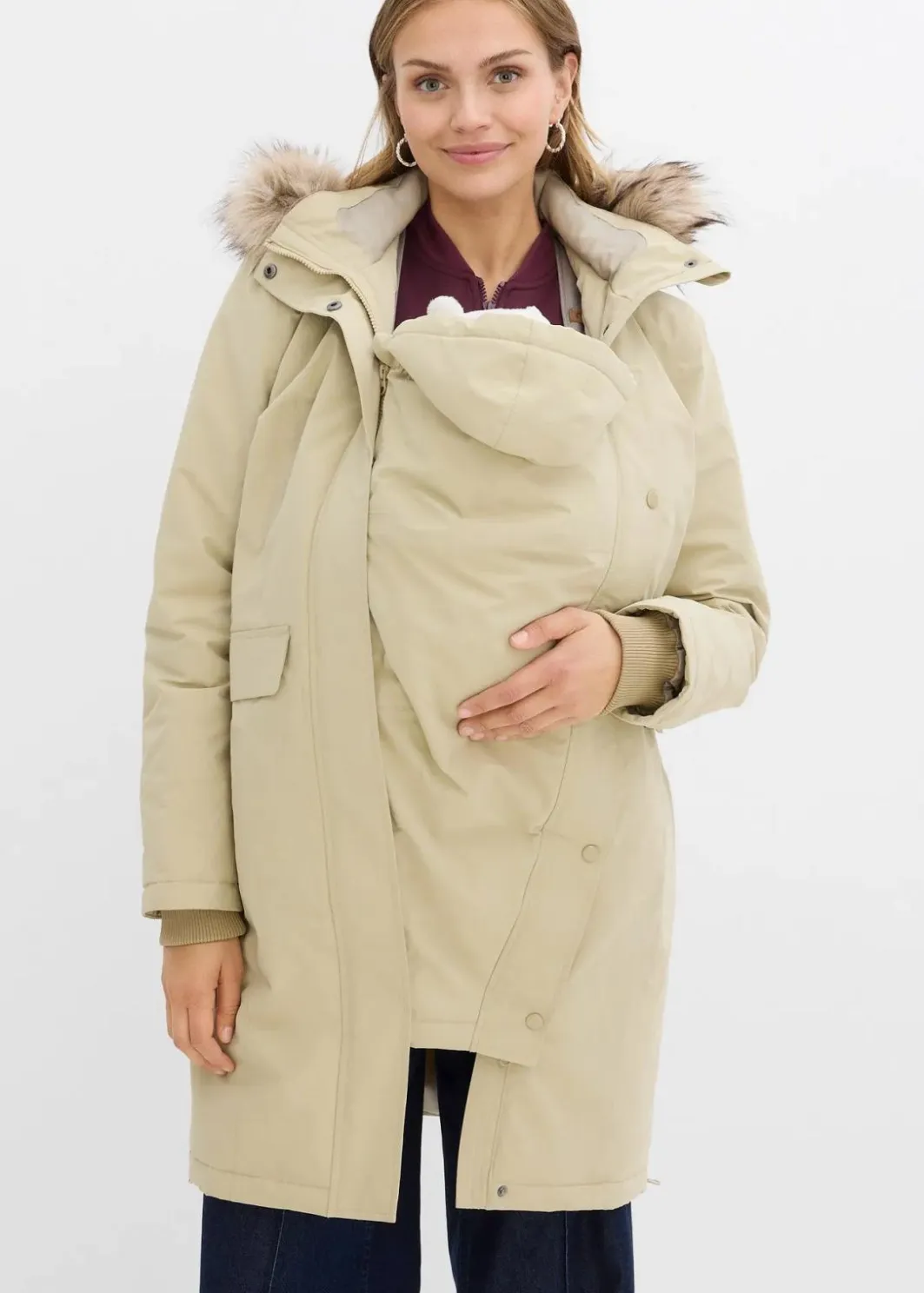 Damen bonprix Umstandsmode|Nachhaltigere Materialien|3-in-1 wind-und wasserdichter Umstandsmantel mit Trageeinsatz