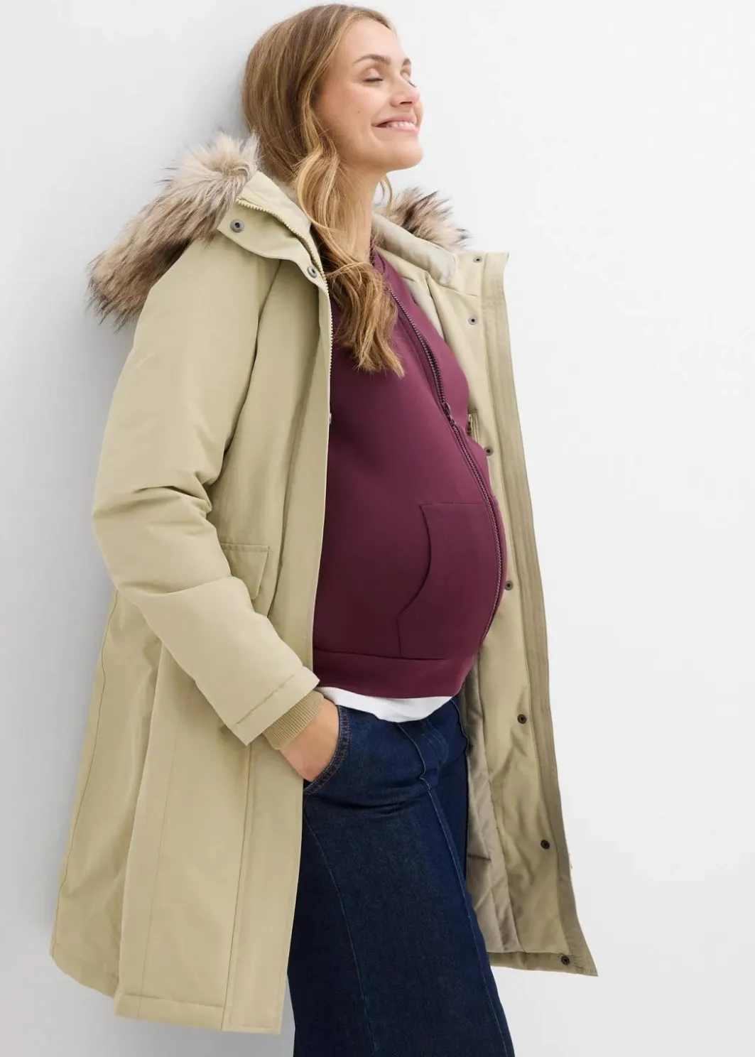 Damen bonprix Umstandsmode|Nachhaltigere Materialien|3-in-1 wind-und wasserdichter Umstandsmantel mit Trageeinsatz
