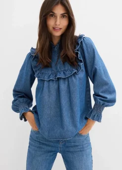 Best Jeansbluse mit Rüschen Damen Bekleidung·Jacken & Mäntel|Blusen & Tuniken