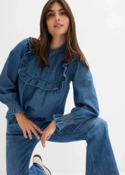 Best Jeansbluse mit Rüschen Damen Bekleidung·Jacken & Mäntel|Blusen & Tuniken