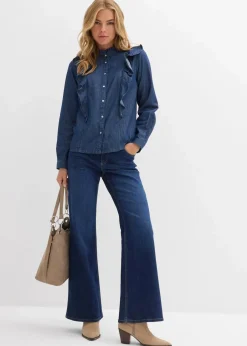 Damen bonprix Bekleidung·Jacken & Mäntel|Blusen & Tuniken|Jeansbluse mit Volants, aus reiner Baumwolle