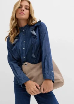 Damen bonprix Bekleidung·Jacken & Mäntel|Blusen & Tuniken|Jeansbluse mit Volants, aus reiner Baumwolle