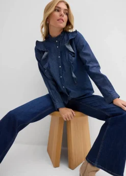 Damen bonprix Bekleidung·Jacken & Mäntel|Blusen & Tuniken|Jeansbluse mit Volants, aus reiner Baumwolle