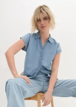 Hot Jeans-Kurzarmbluse mit Leinen Damen Blusen & Tuniken