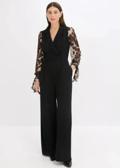 Damen bonprix Jumpsuits|Jersey-Jumpsuit mit Mesh-Ärmeln