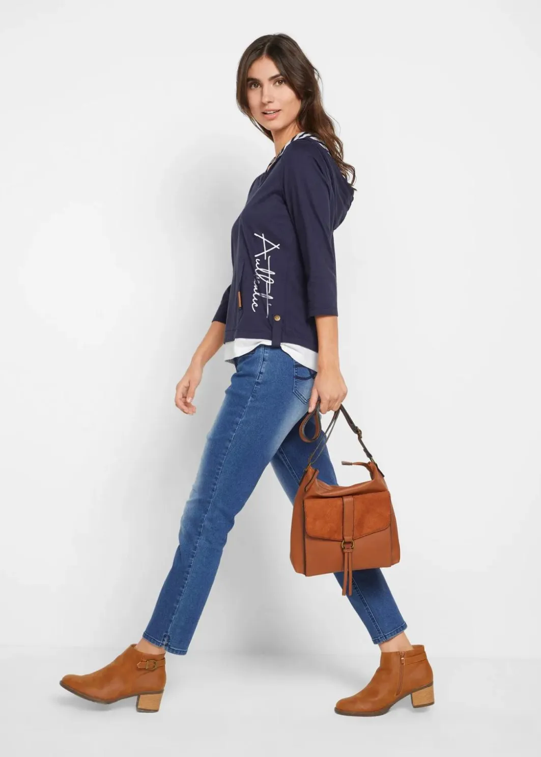 Damen bonprix Shirts & Tops|Kapuzen-Shirt, 3/4-Arm aus reiner Baumwolle