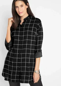 Clearance Karierte Longbluse mit Taschen Damen Bekleidung·Jacken & Mäntel|Blusen & Tuniken