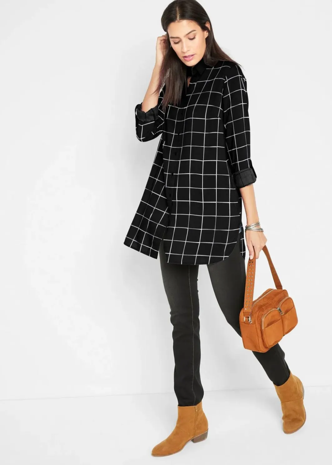 Clearance Karierte Longbluse mit Taschen Damen Bekleidung·Jacken & Mäntel|Blusen & Tuniken