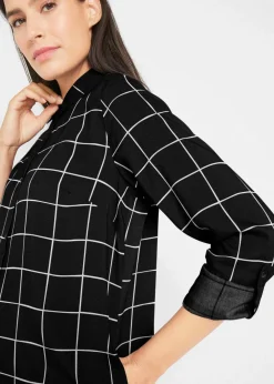 Clearance Karierte Longbluse mit Taschen Damen Bekleidung·Jacken & Mäntel|Blusen & Tuniken