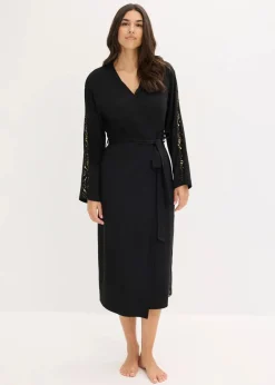 Damen bonprix Wäsche·Bademäntel|Bademäntel|Kimono Morgenmantel mit zarter Glitzerspitze